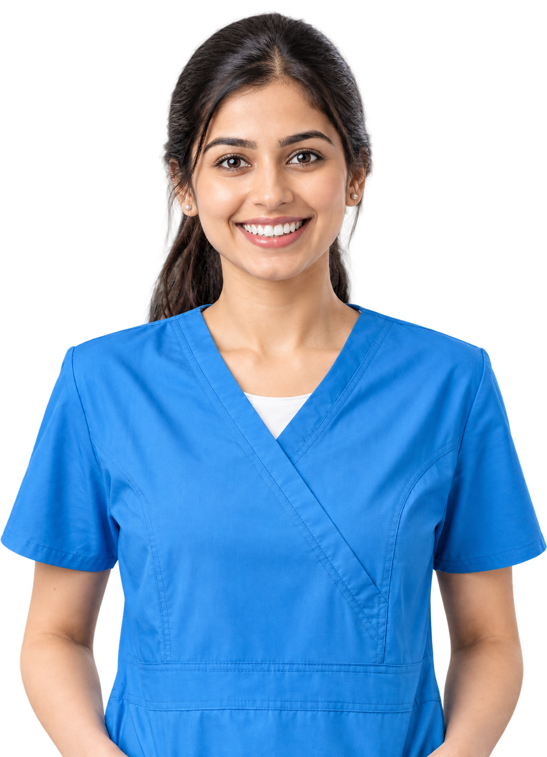 Smiling dental professional in blue scrubs