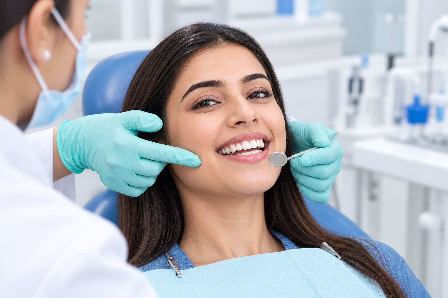 Smiling woman in a dental chair with her dentist, representing clear aligner treatment