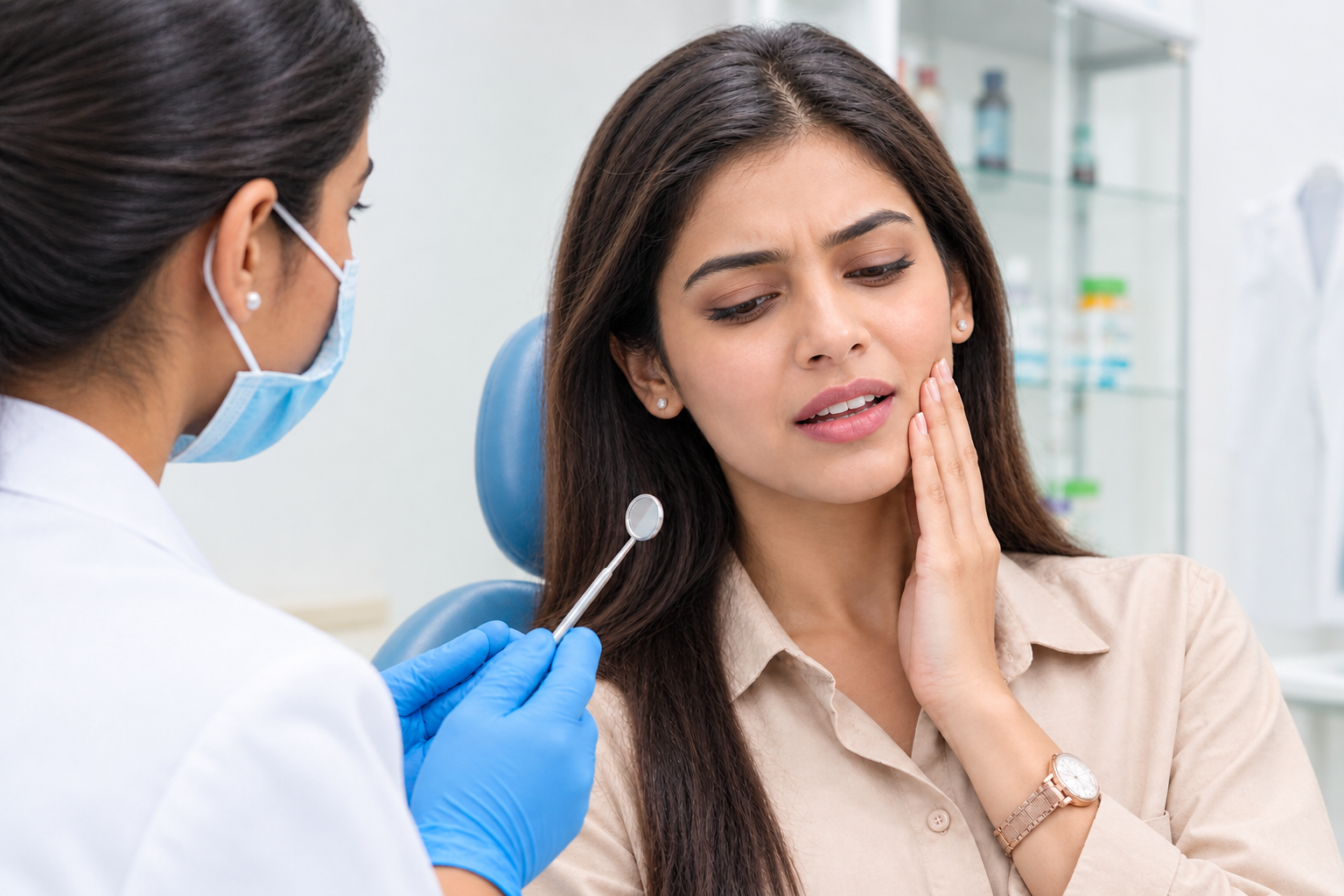 Woman holding her cheek while talking to her dentist