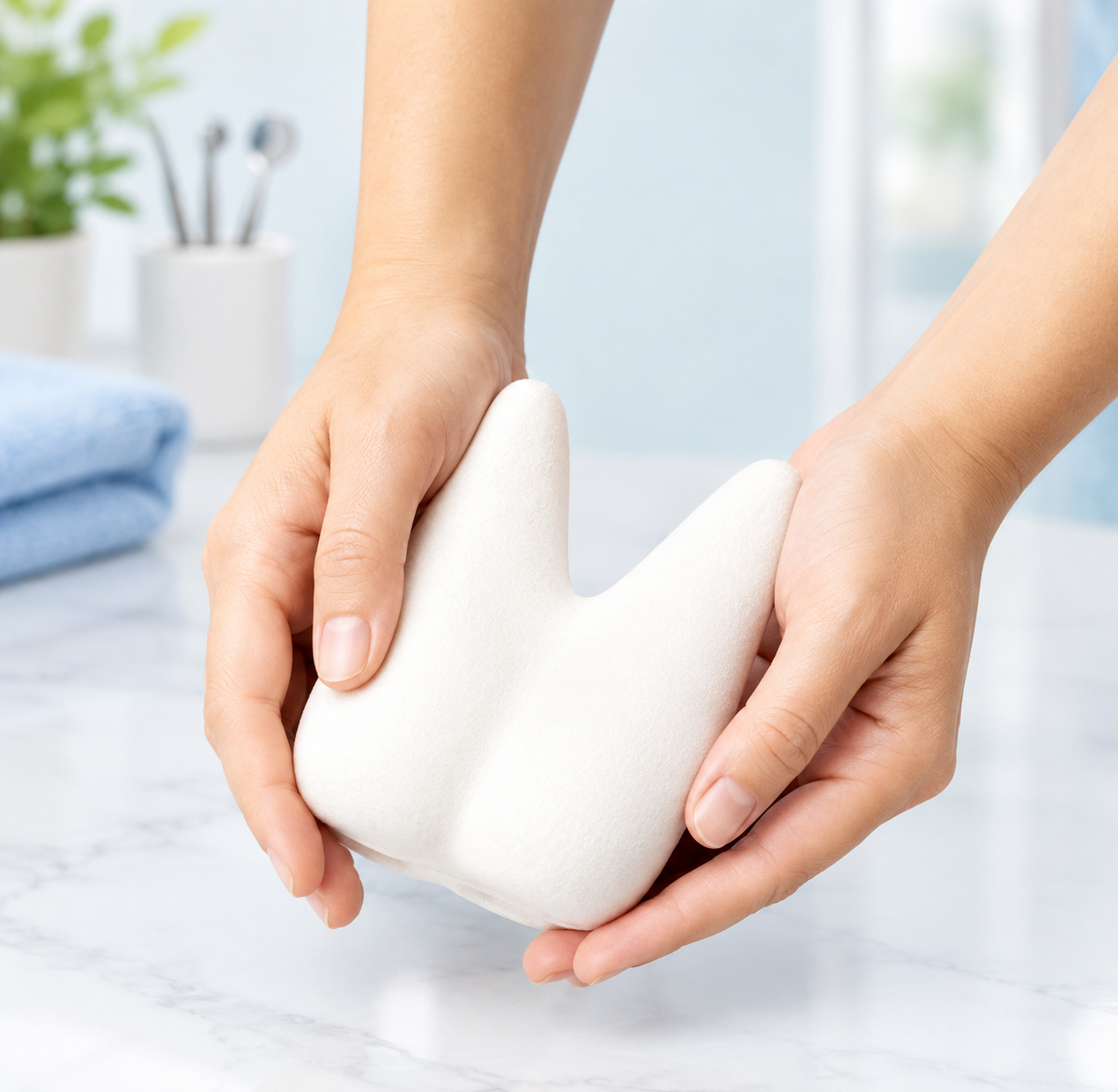 Hands holding a large tooth model, representing dental implants